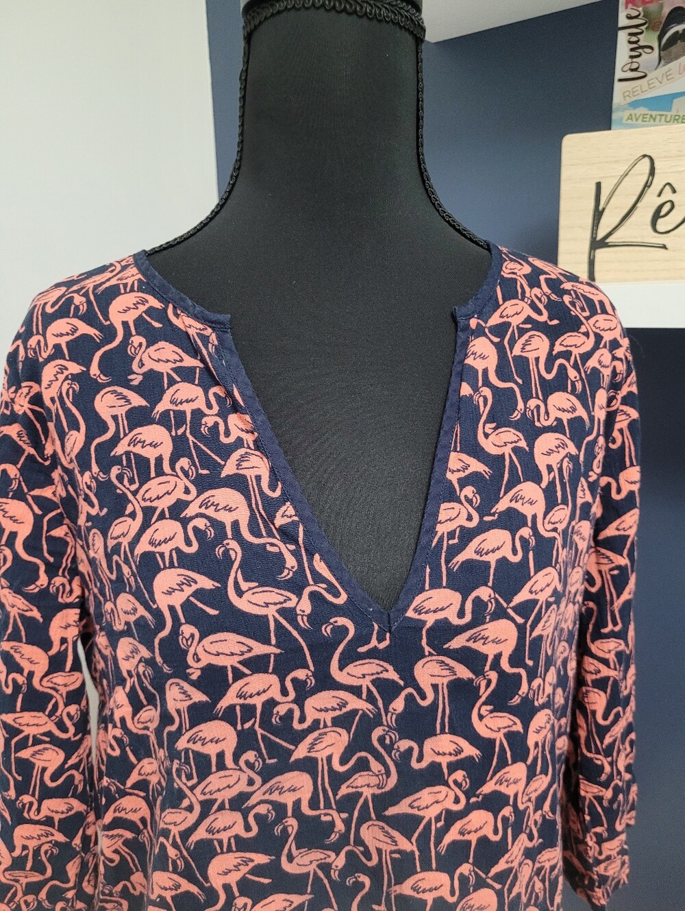 039 - J. Crew 100% Cotton Navy Tunic with Pink Flamingo Motif XS